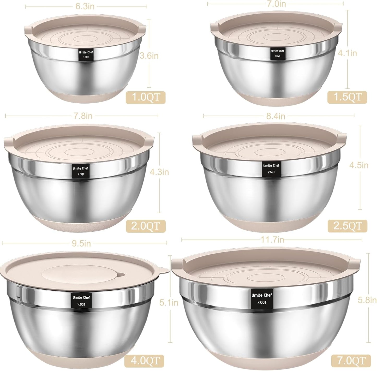 Mixing Bowls with Airtight Lids Set, 26PCS Stainless Steel Khaki Bowls with Grater Attachments