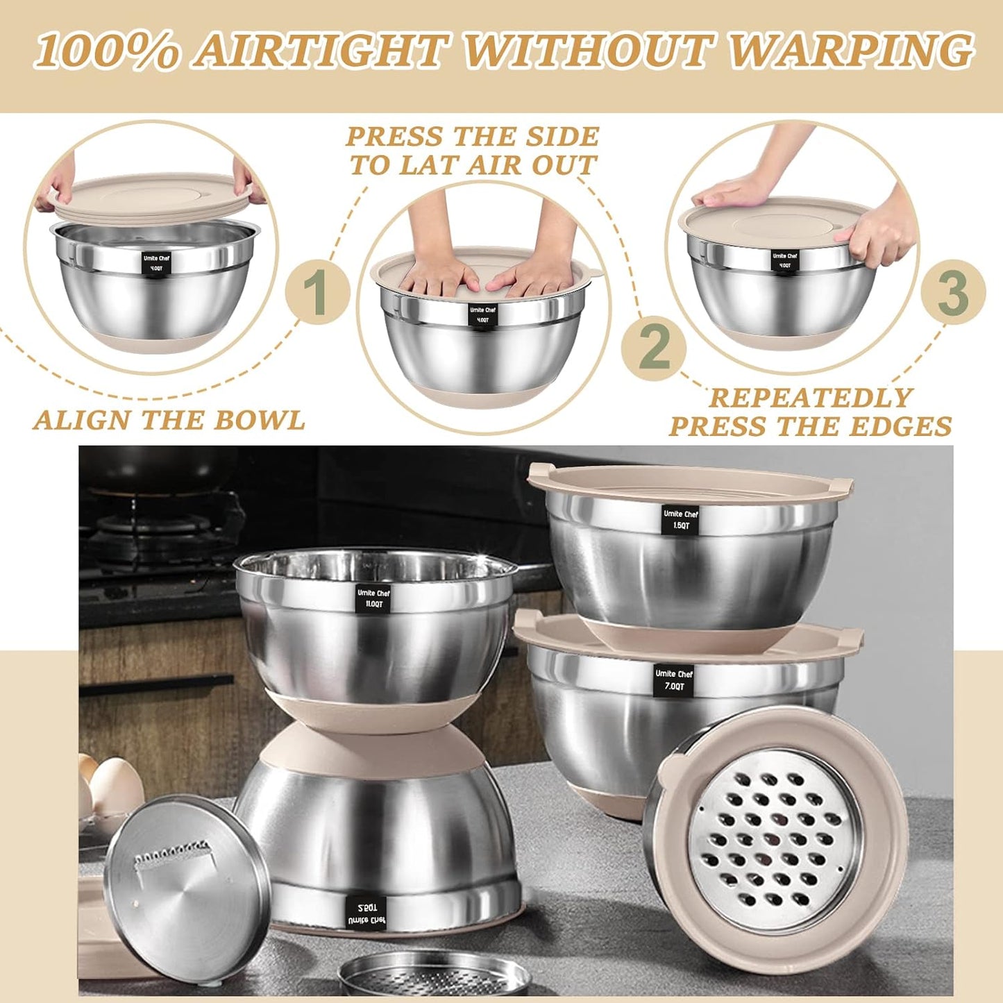Mixing Bowls with Airtight Lids Set, 26PCS Stainless Steel Khaki Bowls with Grater Attachments