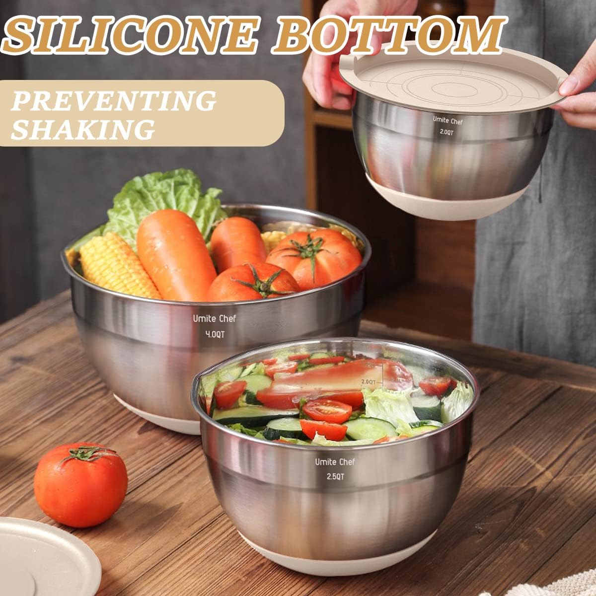 Mixing Bowls with Airtight Lids Set, 26PCS Stainless Steel Khaki Bowls with Grater Attachments