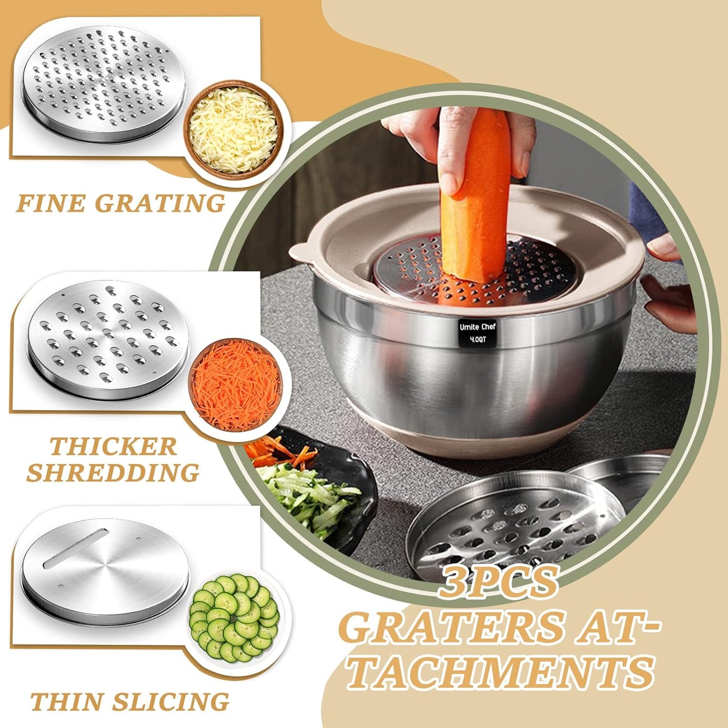 Mixing Bowls with Airtight Lids Set, 26PCS Stainless Steel Khaki Bowls with Grater Attachments