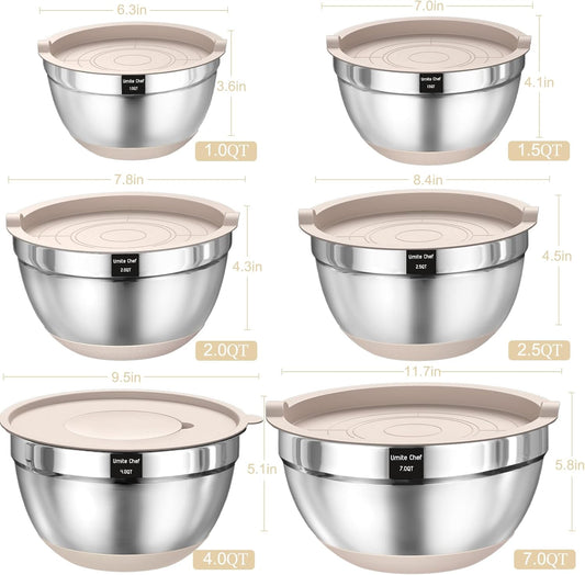 Mixing Bowls with Airtight Lids Set, 26PCS Stainless Steel Khaki Bowls with Grater Attachments